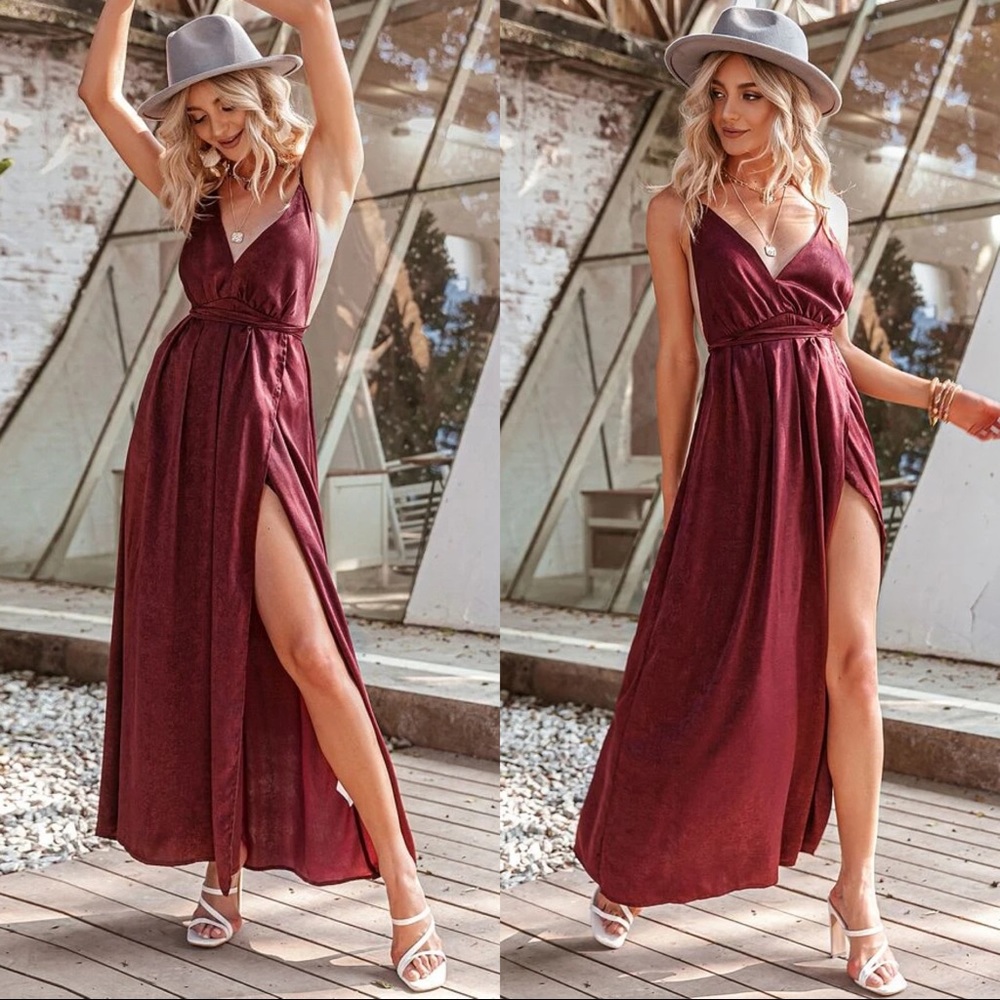 Sexy Backless Strappy Silky Tie Waist Maxi Dress Burgundy - Picture 3 of 7